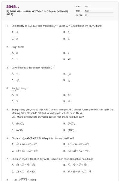 Bộ 24 Đề kiểm tra Giữa kì 2 Toán 11 có đáp án (Mới nhất) (Đề 7)