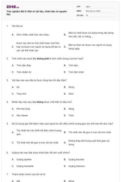 Trắc nghiệm Bài 8: Một số vật liệu, nhiên liệu và nguyên liệu