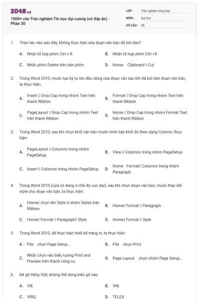 1000+ câu Trắc nghiệm Tin học đại cương (có đáp án) - Phần 30