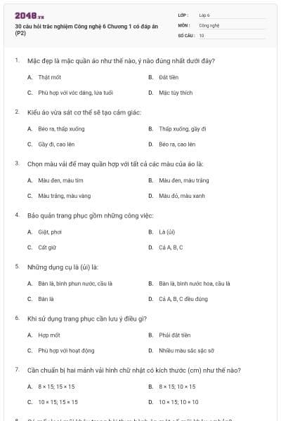 30 câu hỏi trắc nghiệm Công nghệ 6 Chương 1 có đáp án (P2)