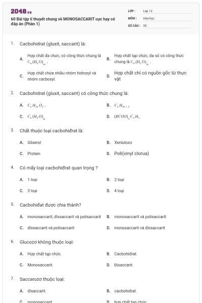 60 Bài tập lí thuyết chung về MONOSACCARIT cực hay có đáp án (Phần 1)