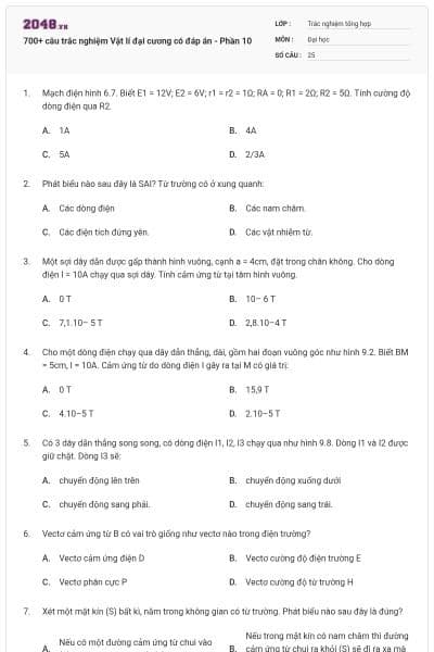 700+ câu trắc nghiệm Vật lí đại cương có đáp án - Phần 10