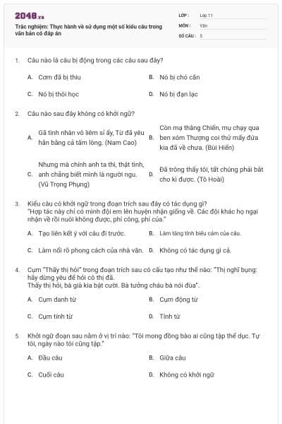 Trắc nghiệm: Thực hành về sử dụng một số kiểu câu trong văn bản có đáp án