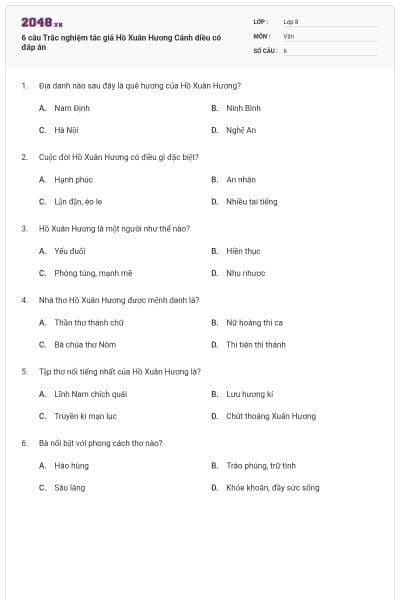 6 câu Trắc nghiệm tác giả Hồ Xuân Hương Cánh diều có đáp án