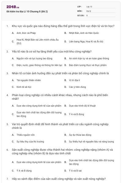 Đề kiểm tra Địa Lí 10 Chương 8 (Đề 2)