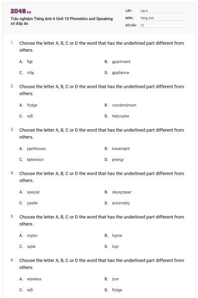 Trắc nghiệm Tiếng Anh 6 Unit 10 Phonetics and Speaking có đáp án