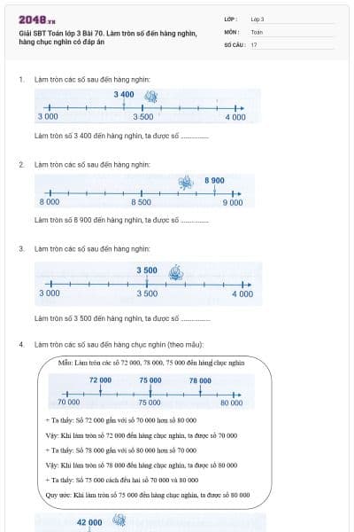 Giải SBT Toán lớp 3 Bài 70. Làm tròn số đến hàng nghìn, hàng chục nghìn có đáp án