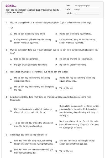 100+ câu trắc nghiệm tổng hợp Quản lý danh mục đầu tư có đáp án - Phần 5