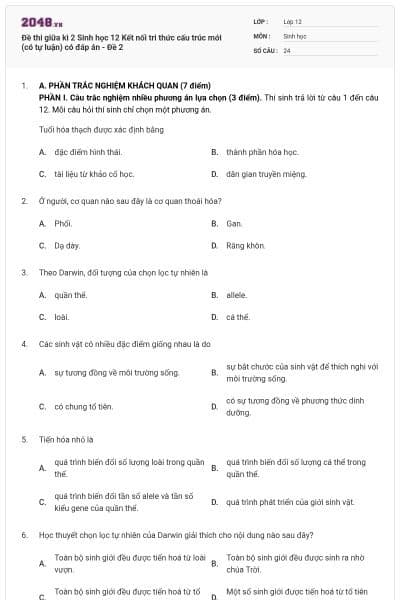 Đề thi giữa kì 2 Sinh học 12 Kết nối tri thức cấu trúc mới (có tự luận) có đáp án - Đề 2