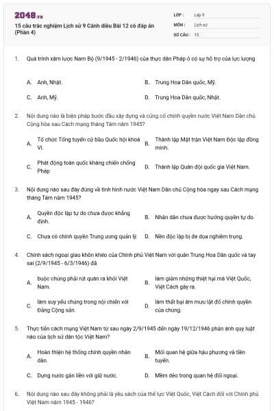 15 câu trắc nghiệm Lịch sử 9 Cánh diều Bài 12 có đáp án (Phần 4)
