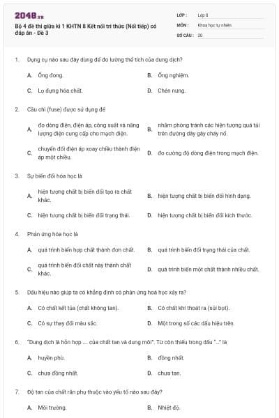 Bộ 4 đề thi giữa kì 1 KHTN 8 Kết nối tri thức (Nối tiếp) có đáp án - Đề 3