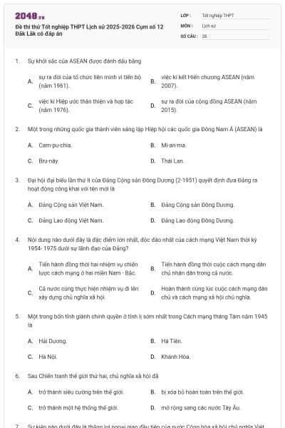 Đề thi thử Tốt nghiệp THPT Lịch sử 2025-2026 Cụm số 12 Đăk Lăk có đáp án