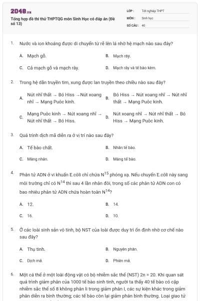 Tổng hợp đề thi thử THPTQG môn Sinh Học có đáp án (Đề số 13)