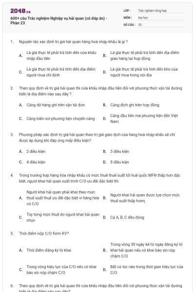 600+ câu Trắc nghiệm Nghiệp vụ hải quan (có đáp án) - Phần 23