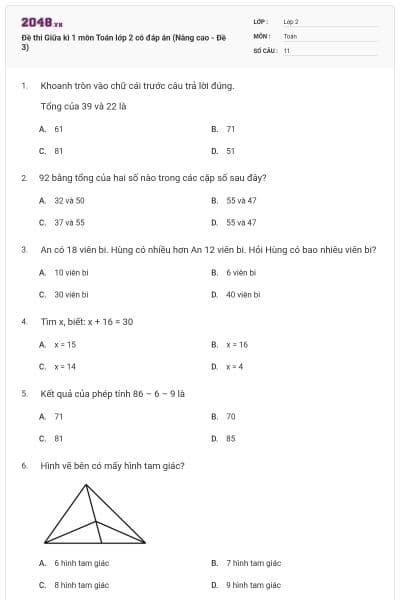 Đề thi Giữa kì 1 môn Toán lớp 2 có đáp án (Nâng cao - Đề 3)