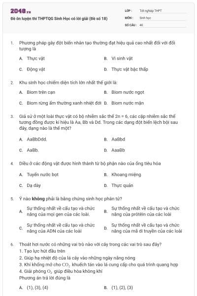 Đề ôn luyện thi THPTQG Sinh Học có lời giải (Đề số 18)