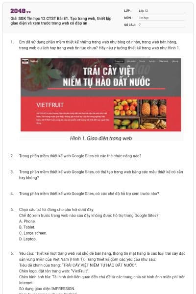 Giải SGK Tin học 12 CTST Bài E1. Tạo trang web, thiết lập giao diện và xem trước trang web có đáp án