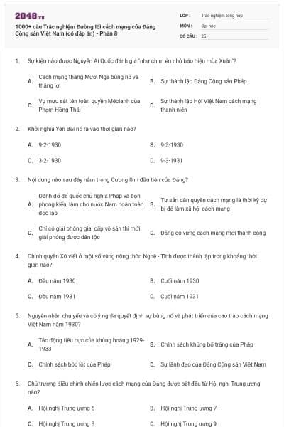 1000+ câu Trắc nghiệm Đường lối cách mạng của Đảng Cộng sản Việt Nam (có đáp án) - Phần 8