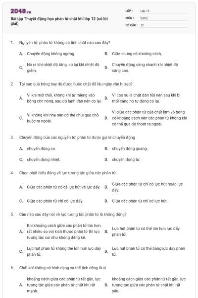 Bài tập Thuyết động học phân tử chất khí lớp 12 (có lời giải)