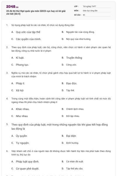 20 đề thi thử thpt quốc gia môn GDCD cực hay có lời giải chi tiết (Đề 8)
