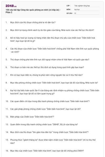 100 câu bài tập Công tác quốc phòng an ninh (có đáp án) - Phần 2