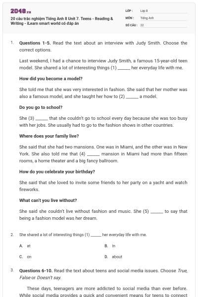 20 câu trắc nghiệm Tiếng Anh 8 Unit 7. Teens - Reading & Writing - iLearn smart world có đáp án