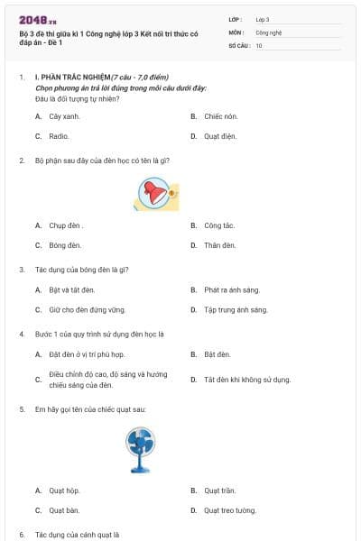 Bộ 3 đề thi giữa kì 1 Công nghệ lớp 3 Kết nối tri thức có đáp án - Đề 1