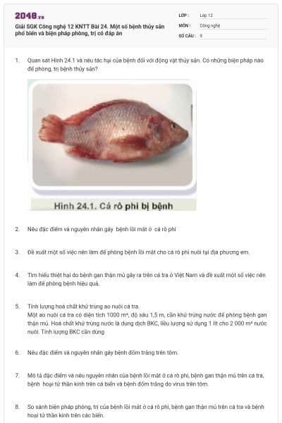 Giải SGK Công nghệ 12 KNTT Bài 24. Một số bệnh thủy sản phổ biến và biện pháp phòng, trị có đáp án