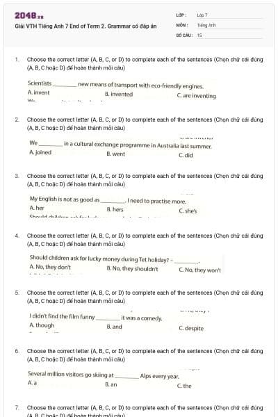 Giải VTH Tiếng Anh 7 End of Term 2. Grammar có đáp án