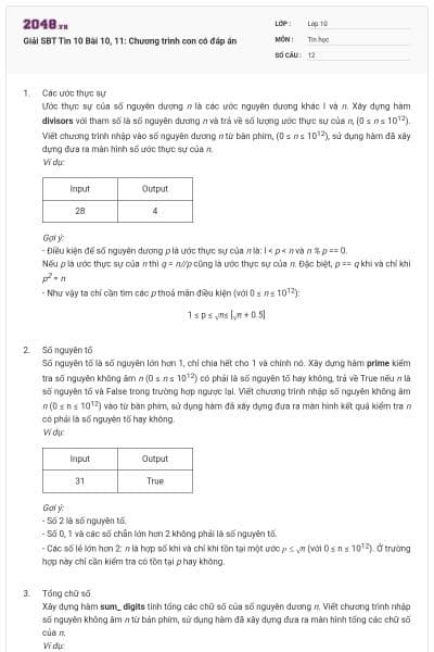 Giải SBT Tin 10 Bài 10, 11: Chương trình con có đáp án