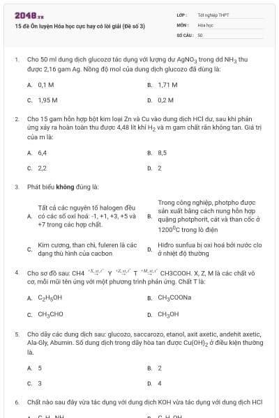 15 đề Ôn luyện Hóa học cực hay có lời giải (Đề số 3)