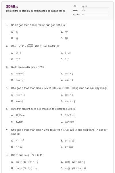 Đề kiểm tra 15 phút Đại số 10 Chương 6 có đáp án (Đề 2)