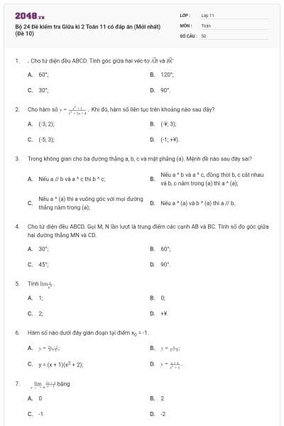 Bộ 24 Đề kiểm tra Giữa kì 2 Toán 11 có đáp án (Mới nhất) (Đề  10)