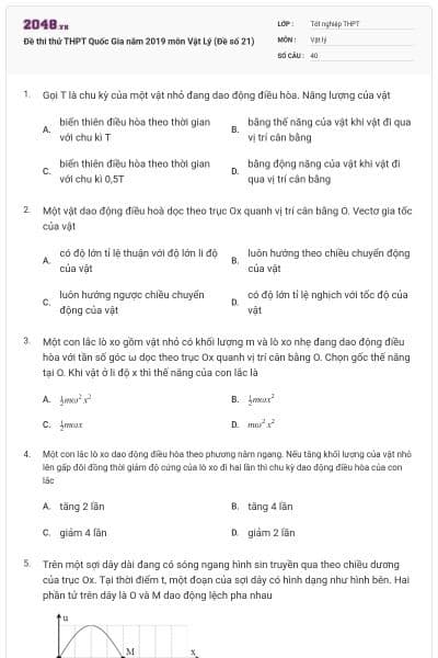 Đề thi thử THPT Quốc Gia năm 2019 môn Vật Lý (Đề số 21)