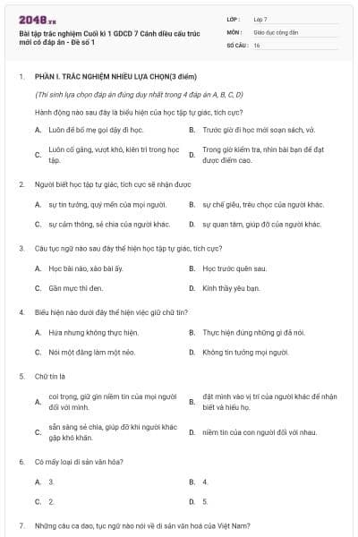 Bài tập trắc nghiệm Cuối kì 1 GDCD 7 Cánh diều cấu trúc mới có đáp án - Đề số 1