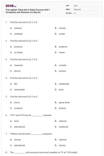 Trắc nghiệm Tiếng Anh 6 Global Success Unit 7 Vocabulary and Grammar (có đáp án)