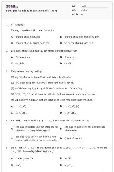 Đề thi giữa kì 2 Hóa 12 có đáp án (Bài số 1 - Đề 4)