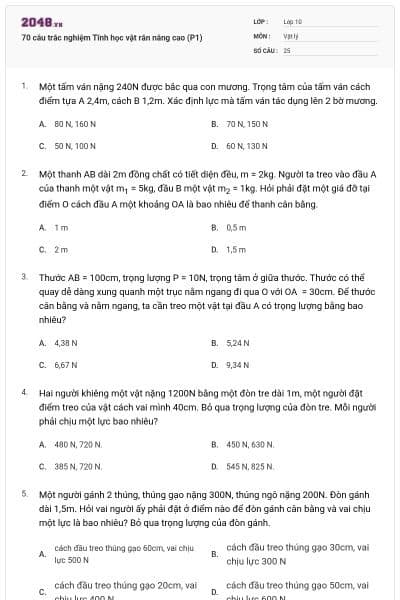 70 câu trắc nghiệm Tĩnh học vật rắn nâng cao (P1)