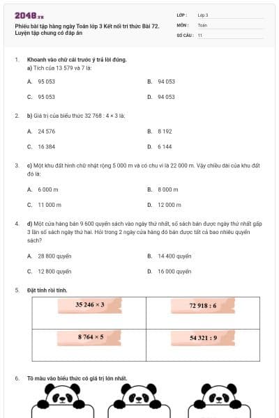 Phiếu bài tập hàng ngày Toán lớp 3 Kết nối tri thức Bài 72. Luyện tập chung có đáp án