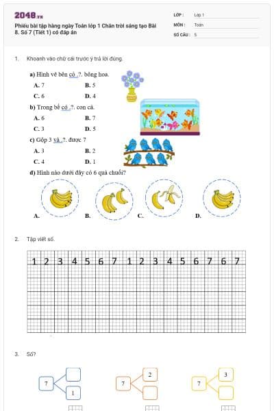 Phiếu bài tập hàng ngày Toán lớp 1 Chân trời sáng tạo Bài 8. Số 7 (Tiết 1) có đáp án