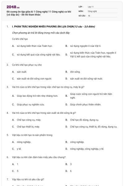 Đề cương ôn tập giữa kì 1 Công nghệ 11 Công nghệ cơ khí (có đáp án) - Đề thi tham khảo