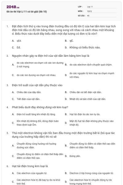 Đề ôn thi Vật Lí 11 có lời giải (Đề 10)