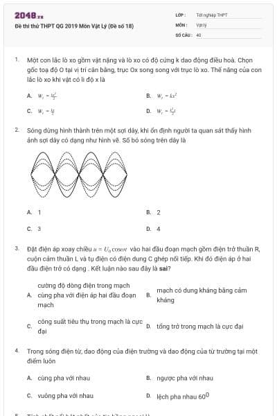 Đề thi thử THPT QG 2019 Môn Vật Lý (Đề số 18)