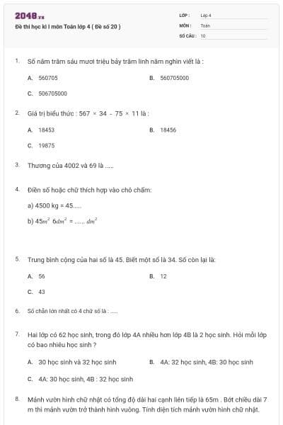 Đề thi học kì I môn Toán lớp 4 ( Đề số 20 )