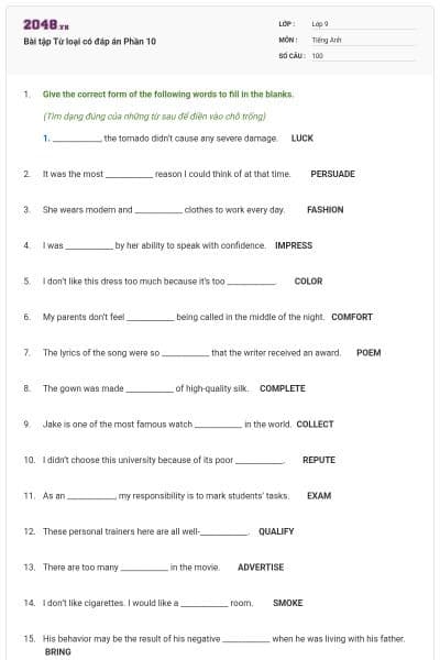 Bài tập Từ loại có đáp án Phần 10