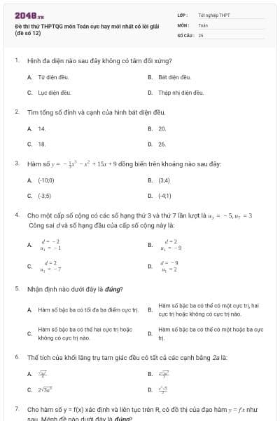 Đè thi thử THPTQG môn Toán cực hay mới nhất có lời giải (đề số 12)