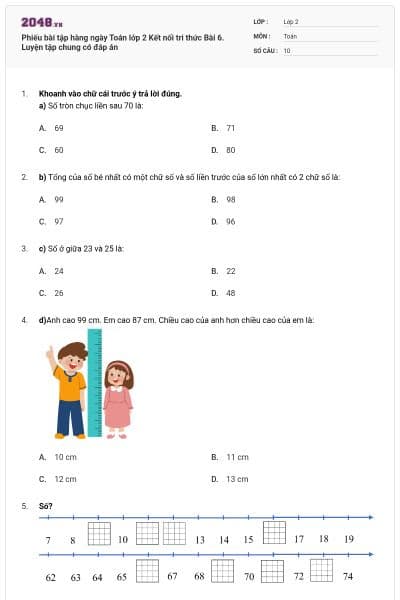 Phiếu bài tập hàng ngày Toán lớp 2 Kết nối tri thức Bài 6. Luyện tập chung có đáp án