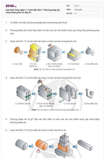 Giải SGK Công nghệ 11 Cánh diều  Bài 7. Phương pháp gia công không phoi  có đáp án