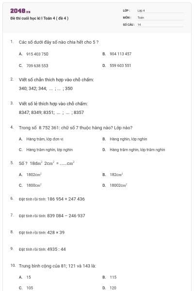 Đề thi cuối học kì I Toán 4 ( đề 4 )