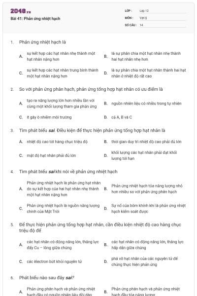 Bài 41: Phản ứng nhiệt hạch